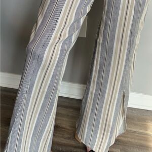Per Se Beige and Navy Striped Wide-Leg Pants